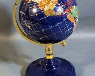 Spinning Globe Of The World Made From Various Types Of Stones, 8" High, And Brass Armillary Sphere On Marble Base, 7.5" High