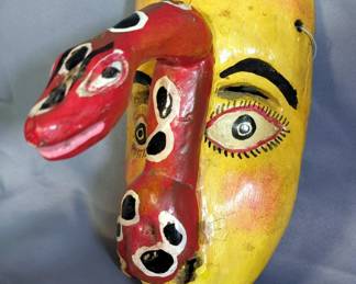 Northwest Coast Style Wall Hanging Masks, Qty 5, 4 Are Wood, 1 Is Cast Iron