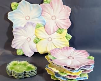 Bombay Company Porcelain Flower Serving Tray And Plates, And Oak Leaf Trays, 12 Total Pieces
