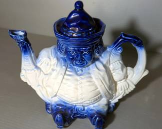Flow Blue Toby Ceramic Teapot, Believed To Be Royal Doulton, And Boleslawiec Polish Ceramic Bowl