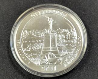 2011 5 Ounce .999 Fine Silver America The Beautiful Gettysburg, With Quarter Image On Reverse