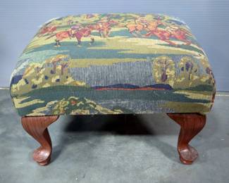 Bombay Company Seat With Floral Embroidered Top, 19" x 20" x 12", And Foot Stool With Race Horse Embroidered Top, 9" x 14" x 12", Both With Cabriole Legs