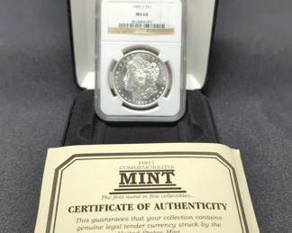 1880 S Morgan Silver Dollar, NGC Certified MS64, Including Certificate Of Authenticity And Presentation Box