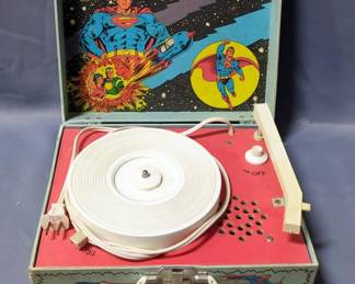 1970's Superman Themed Portable Record Player, Powers On, Missing 1 Needle, 12" x 9.5"