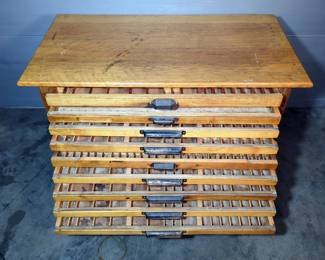 Printer Tray Cabinet, 8 Drawers, All Drawers Are From The Hamilton Mfg Co, But Have Different Brass Pulls, 20" x 40" x 21.5", Dolly Not Included