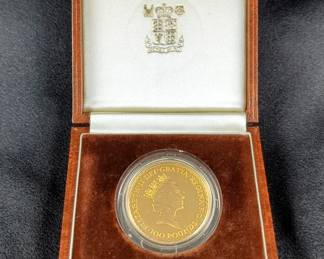 1987 Britannia 100 Pound One Ounce Gold Proof Coin, Includes Wood Presentation Box
