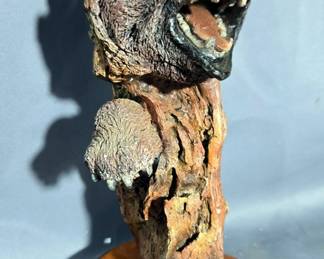 Glass Jar With Decorative Stones, 19" High, Blue Tint Glass Jar, 12" High, And Grizzly Bear In Tree Figurine