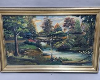 Original Painting On Board Of Bridge Over A Stream In The Woods, Framed, 35" x 22.5"