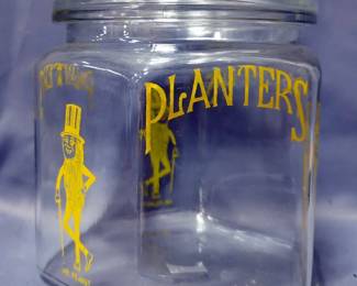 1930s Planters Peanuts Hexagonal Yellow Mr Peanut Glass Jar, Lid Has Peanut Handle, Lettering On 1 Side Is Worn, And Mr Peanut Metal Tray
