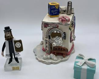 Tiffany ceramic gift box and Venetian “Rabbi” figurine.