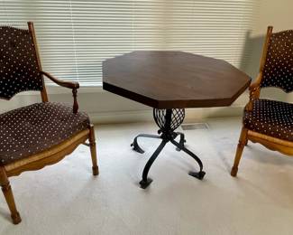 Pair of Bernard and Simons rush seat chairs and birdcage table.