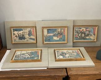 Three wonderful panels with Hiroshige wood block prints of scenes from a traditional Japanese play.
