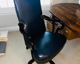 PRICE:$250.00-HANCOCK & MOORE WOOD FRAME / BLUE LEATHER STUDDED OFFICE CHAIR-SOME CONDITION ISSUES
27”W x 23”D x 42”H 

