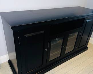 PRICE:$450.00 ETHAN ALLEN BLACK DISTRESSED MEDIA CABINET
WITH GLASS DOORS
62”L x 18.5”D x 34”H 
