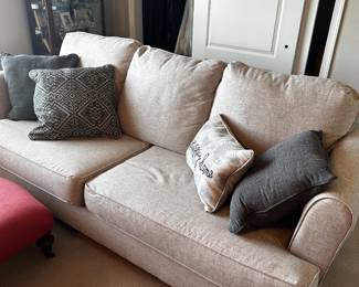 PRICE:$400.00-ASHLEY FURNITURE GRAY / BEIGE LINEN UPHOLSTERED SOFA (PILLOWS ARE NOT INCLUDED)
90”L x 40.5”D x 39”H
