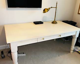 PRICE:$675.00-POTTERY BARN WHITE FARMHOUSE EXTENDABLE BREADBOARD LEAF TABLE WITH DRAWER
72”L x 39”W x 30.25”H 
