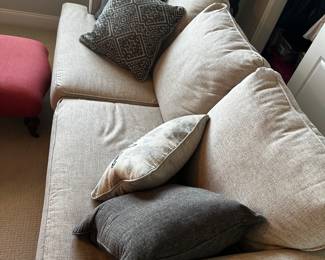 PRICE:$400.00-ASHLEY FURNITURE GRAY / BEIGE LINEN UPHOLSTERED SOFA (PILLOWS ARE NOT INCLUDED)
90”L x 40.5”D x 39”H