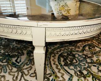 PRICE:$450.00 ARHAUS NEOCLASSICAL CREAM COFFEE TABLE WITH MIRRORED GLASS TOP
54”L x 34”W x 18.25”H