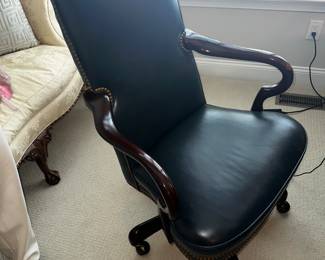 PRICE:$250.00-HANCOCK & MOORE WOOD FRAME / BLUE LEATHER STUDDED OFFICE CHAIR-SOME CONDITION ISSUES
27”W x 23”D x 42”H 