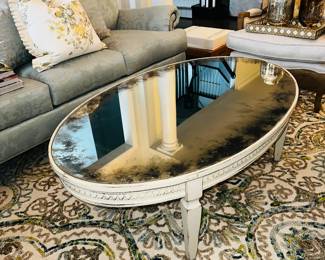 PRICE:$450.00 ARHAUS NEOCLASSICAL CREAM COFFEE TABLE WITH MIRRORED GLASS TOP
54”L x 34”W x 18.25”H
