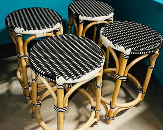 PRICE:$200.00-4 BLACK AND WHITE RATTAN AND BAMBOO STOOLS
SET OF 4
14”DIAMETER x 24”H
