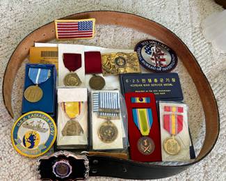 Medals -&nbsp; Korean Service(2), Good Conduct (Navy), National Defense, Korean 50th Anniversary, China Service (Marine) Am Legion belt buckle, USS Kaskaskia AO-27 1939-1969 patch.