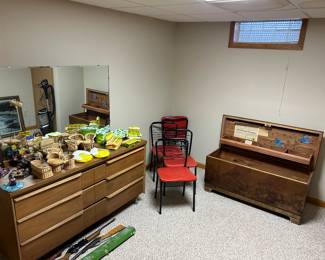 9 drawer bedroom dresser w/ mirror, 4 Cosco red seat folding chairs, Blue Bird cedar chest. NOTE the doll play sets on the dresser.