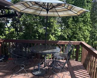 Patio table and chairs, umbrella, stand