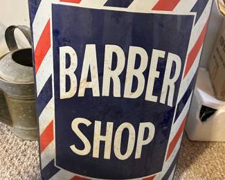 WONDERFUL Barber shop concave sign in GREAT condition. From the Barber shop on Main St, Lake Mills. circa 1940s. Note how big this sign is compared to the $20.00 bill (at the bottom.)