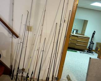 Fishing poles: Mohawk, Airex Air, Montgomery Wards, Shakespeare, Zebco, lmperial… some look like they’re wood shafted.