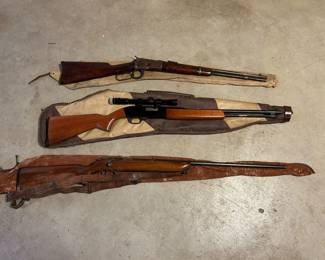 top is a 22  Winchester 25-20 W C F  this rifle DOSE have the saddle ring!!!                                                          middle is a 22 Sears Mod 3T cal. Model # 2732390 with a scope - Sears rifles were made by Western which is part of Winchester.                                                                                                      bottom is a 22 Remington Target Master 510 w/ a sling 
