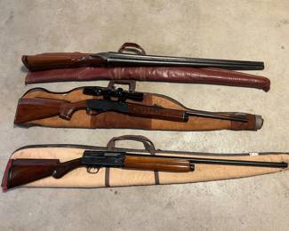 12 ga Ranger double barrel precision 104.3 (Winchester)                     middle is a 30-06 Remington Wood Master Model 742 with a Bushnell scope 3x-9x banner NOTE: NO CLIP                                                        bottom is a 12 ga Remington/Browning (w/ extra barrel)