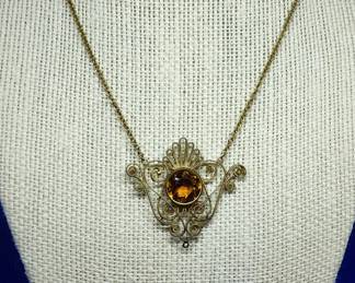 16" CHAIN WITH ANTIQUE VICTORIAN FILIGREE PENDANT WITH CENTER GEMSTONE