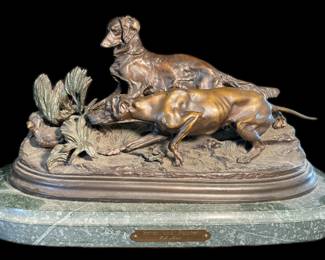 SIGNED BRONZE SCULPTURE "PARTRIDGE HUNTING" BY P.J. MENE ON MARBLE BASE