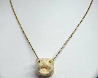 14K GOLD 26" BOX LINK CHAIN AND CARVED PANTHER PENDANT WITH 18K-EMERALD EYES