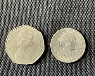 1979 SUSAN B ANTHONY DOLLAR COIN AND 1969 GREAT BRITAIN 50 PENCE COIN