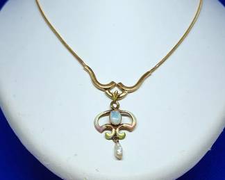 VINTAGE 16" 14K GOLD OPAL AND RICE PEARL NECKLACE