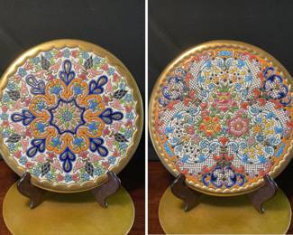 PR OF VINTAGE CEARCO HAND PAINTED ENAMEL AND 24K GOLD PLATES