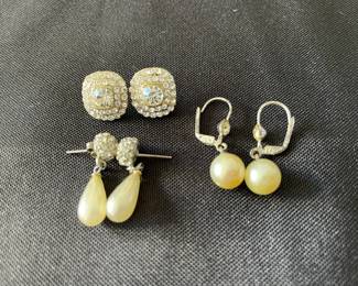VINTAGE 3 PR COLLECTION OF RHINESTONE AND PEARL EARRINGS