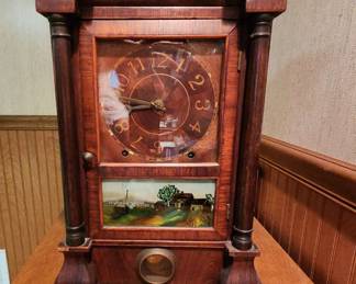 Seth Thomas mantle clock with farm vignette and key