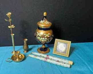 Blue and Gold Urn, Brass Decor, Candlesticks