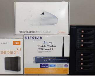 LOT ELECTRONICS INCLUDING MAC AIRPORT EXTREME IN ORIGINAL BOX, SEAGATE EXPANSION MODULE IN ORIGINAL BOX , NETGEAR PRO SAFE WIRELESS FIRE WALL IN ORIGINAL BOX AND MORE