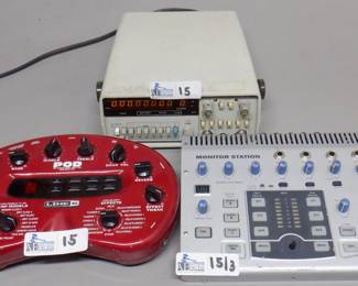 LOT OF 3 ELECTRONICS INCLUDING LINE 6 POD NO PS, PRESONUS MONITOR STATION, HP 531 5A UNIVERSAL COUNTER
