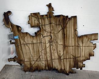 Custom Made Wood Map Of Kansas City Metro Area, Includes Major Highways And Numbered Location Peg Slots, Approx 58" x 48"
