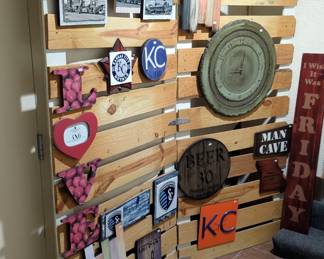 Custom Made Battery Powered Clocks, Wall Decor Including Sporting KC, Royals, Man Cave, And More, Total Qty 20, Includes Custom Wood Decor Rack 78" x 72

