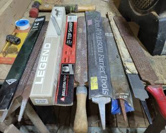 Huge selection of Legend , Taylor , John Atkinson Farmer Tools , and Wilton files , hammers , and vises.