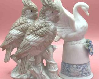 Pottery Porcelain Swan Bell and Parakeet Pair