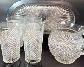 Diamond Cut Glasses with Pitcher and Serving Tray