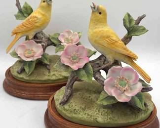 Ceramic Canaries on Wooden Platforms