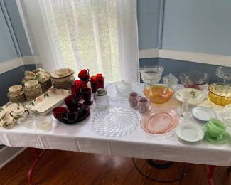 Desert Rose Dishes, Ruby Depression glass, Jadeite, pink Depression